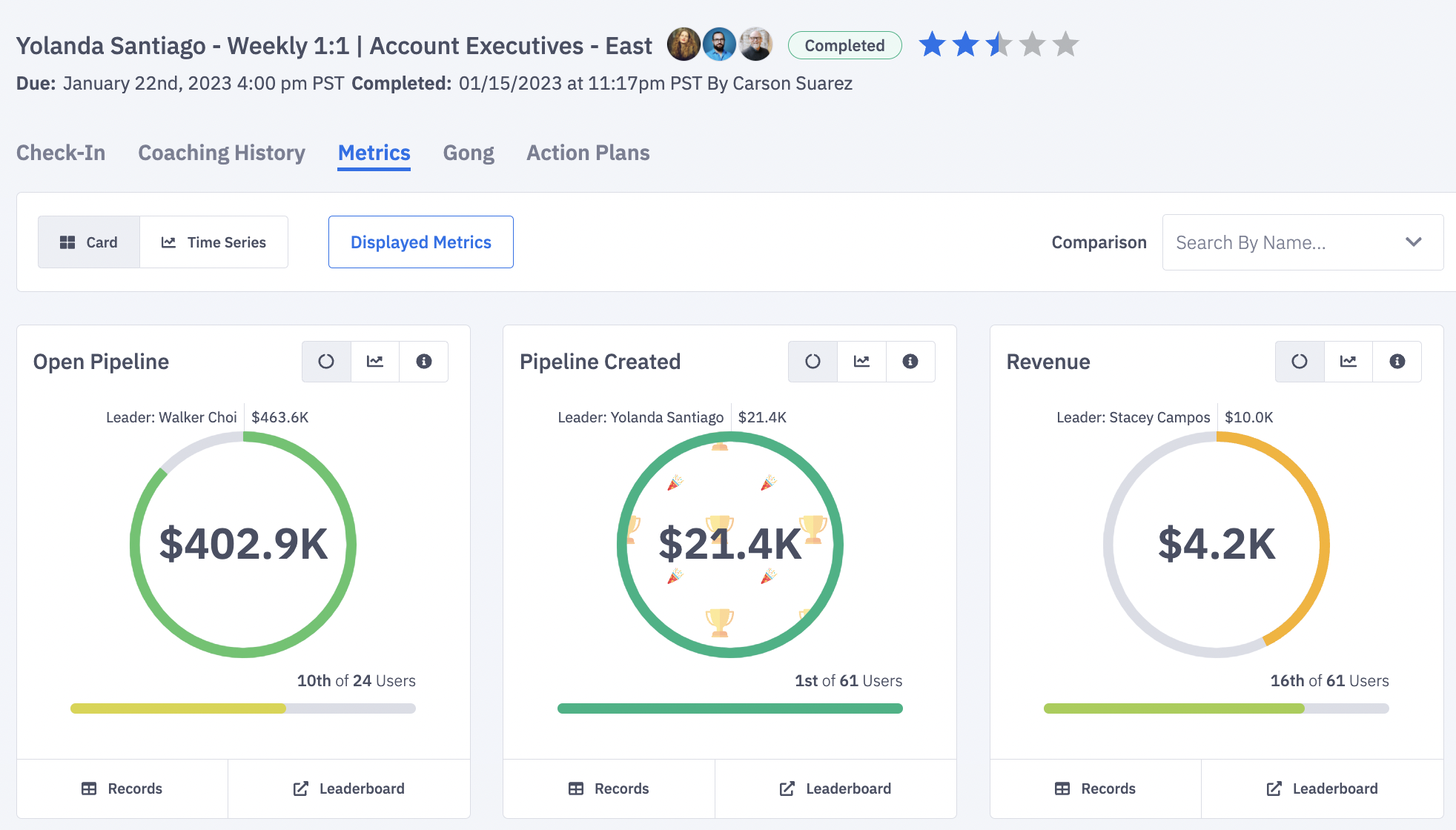 Select metrics to auto-populate in a 1:1 coaching check-in to see enablement effectiveness